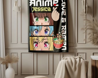 May include: Black anime-themed wall tapestry featuring three sets of anime eyes in brown, blue, and yellow. The tapestry includes the text "ANIME Jessica" and "Love & Ramen" in white, along with a red heart and a hand gesture.