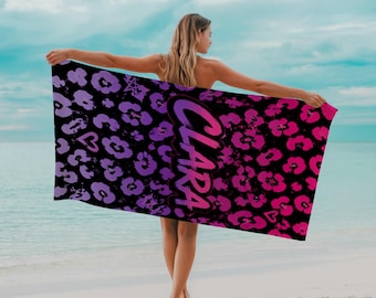 Personalized Beach Towel, Custom Name Pool Towel, Purple Pink Leopard Floral, Girls Kids Summer Gift, 22x42 30x60, Beach Vacation Towel Gift