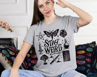 Stay Weird Shirt, Witchy Graphic Tee, Gothic Unisex T-Shirt, Occult Moth Tarot Mushroom Shirt, Spooky Halloween Gift for Her, Witch Tee