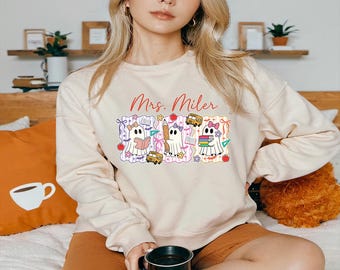 Personalized Teacher Halloween Sweatshirt, Teacher Gift for Her, Spooky School Hoodie, Cute Ghost Classroom Graphic, Halloween Teacher Gifts