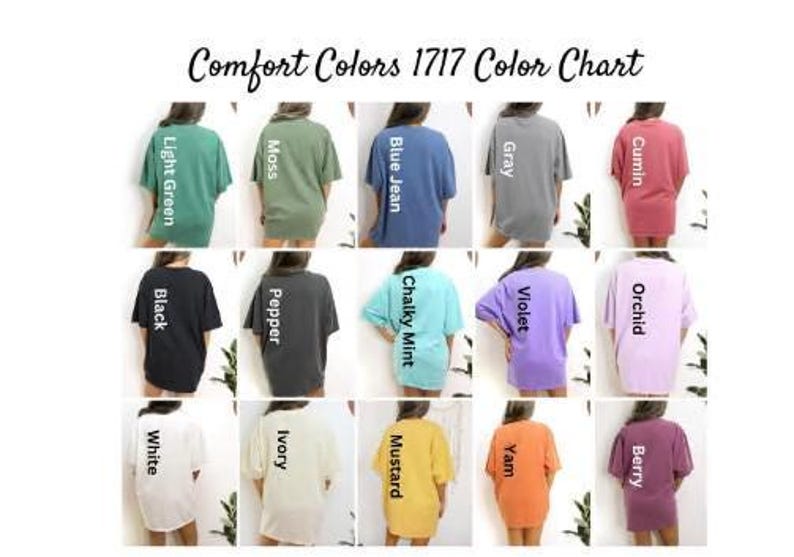 The image is a color chart displaying various comfort colors, including green, blue, gray, pink, black, white, yellow, purple, orange, and pink.