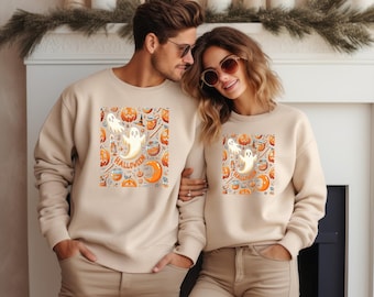 Spooky Cute Halloween Ghost Pumpkin Sweatshirt, Fall Autumn Cozy Unisex Hoodie, Gift for Her Halloween Lovers Maroon Crewneck, Cute Gift