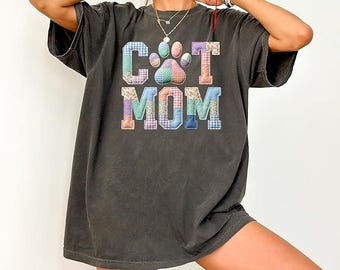 Patchwork Cat Mom Comfort Colors® Shirt, Cat Lover Gift, Cat Mom Sweatshirt, Pastel Paw Graphic, Cat Mama Gift for Her, Kitty Mom Tee