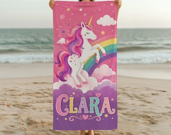 Personalized Unicorn Beach Towel for Kids, Custom Name Rainbow Towel, Girls Pool Towel, Birthday Gift, 22x42 or 30x60 Inches Soft Bath Towel