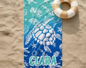 Personalized Sea Turtle Beach Towel, Custom Name Ocean Towel, Kids Adult Pool Towel, Coastal Summer Vacation Gift, 22x42 or 30x60 Inch Sizes