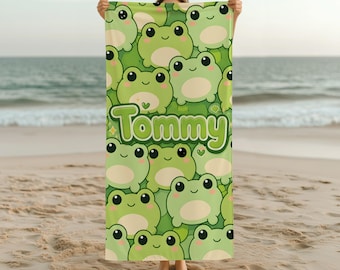 Personalized Frog Beach Towel, Custom Name Kids Pool Towel, Cute Kawaii Frog Towel, Summer Vacation Gift, Kids Birthday Gift Idea, Pool Gift