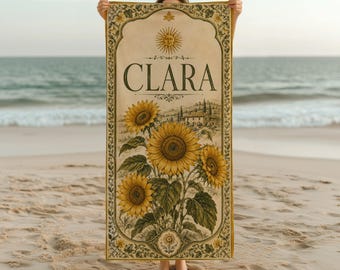 Personalized Sunflower Beach Towel, Custom Name Towel, Vintage Floral Pool Towel, Summer Gift for Her, Botanical Beach Towel, Sunflower Gift