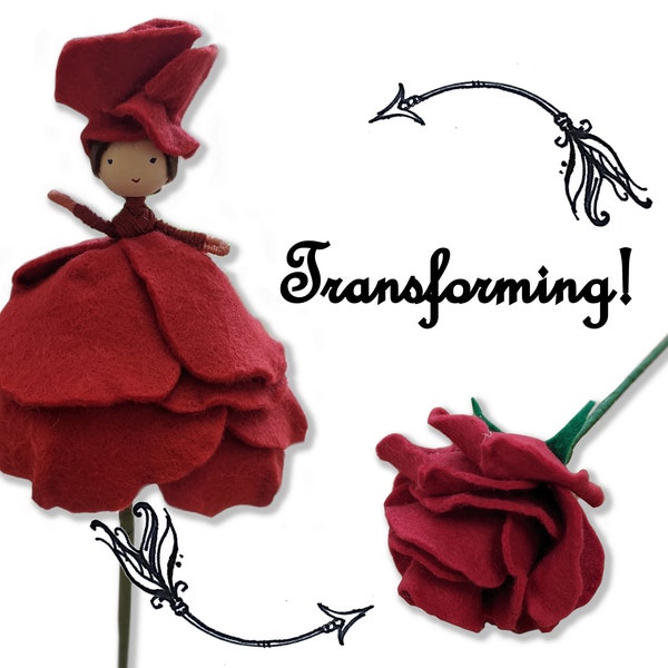 Reversible Rose Fairy Doll Pattern - Felt flower sewing Pattern (PDF) Convertible