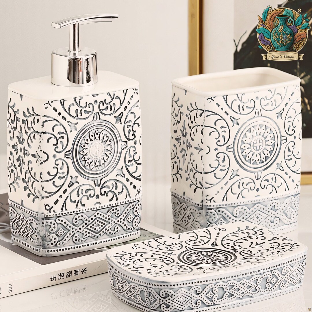 Boho Bathroom Set Geometric Floral Bathroom Settoothbrush Etsy