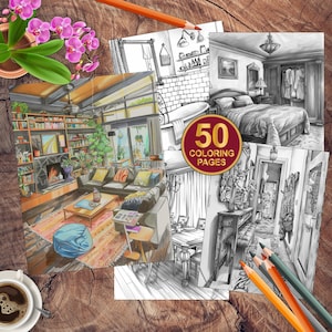 50 Interior Design Coloring Pages | Interior Home Decorating Coloring Book | Adult + Kids Coloring Book | Printable Adult Coloring Pages