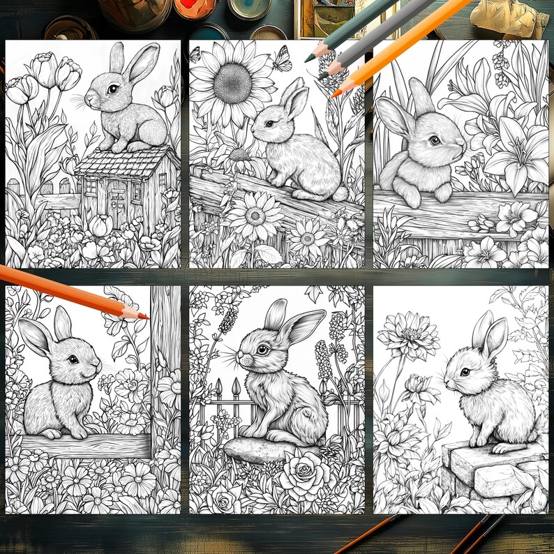 Springtime Baby Bunny and Floral Designs to Color