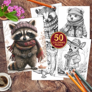 50 Little Forest Animals Wearing Clothes | Woodland Animals Coloring Pages | Adults + Kids Instant Download | Grayscale Coloring Book