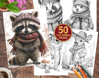 50 Little Forest Animals Wearing Clothes | Woodland Animals Coloring Pages | Adults + Kids Instant Download | Grayscale Coloring Book