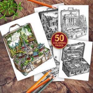 50 Worlds in a Suitcase Coloring Book | Coloring Sheets Fantasy Digital Download | Grayscale Coloring for Adult Coloring Book, Printable Pdf