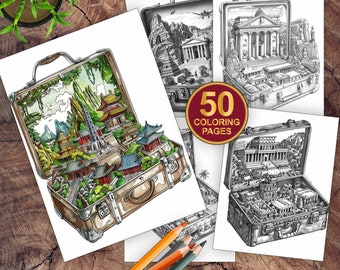 スーツケースの中の50の世界 ぬり絵 | ファンタジー塗り絵シート デジタルダウンロード | 大人向けグレースケールぬり絵 ぬり絵、印刷可能なPDF