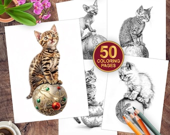 50 Christmas Kittens With Ornaments Coloring Book | Grayscale Cat Holiday Coloring Page | Adults + Kids Christmas Activity | Cat Lover Gift