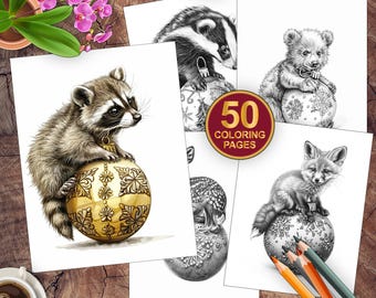 50 Woodland Christmas Critters Coloring Book | Adults + Kids Instant Download Grayscale Coloring | Woodland Critter Animals Coloring Pages