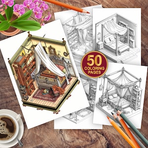 50 Isometric Room Coloring Book | Aesthetic Adult Coloring Page | Isometric Bedroom | Printable Cozy Interior Design PDF Coloring Pages