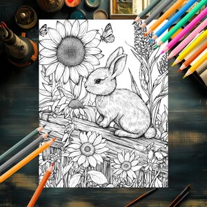 Hand-Drawn Bunny with Flowers Coloring Pages