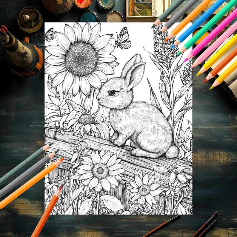 Hand-Drawn Bunny with Flowers Coloring Pages