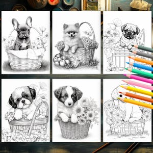 Puppies in decorative flower baskets printable