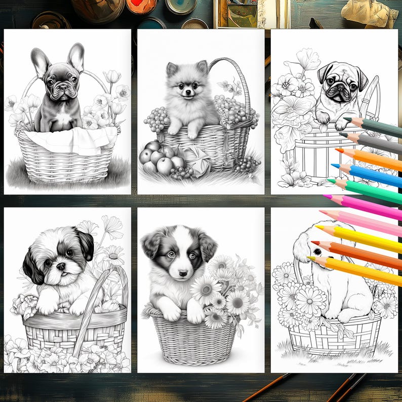 Puppies in decorative flower baskets printable