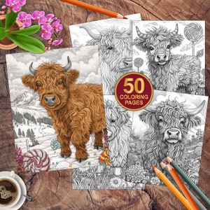 50 Cute Baby Highland Cow Coloring Pages | Coloring Sheets | Printable Pdf | Birthday Party | Anime Cow Candy Coloring Pages | Kids Crafts