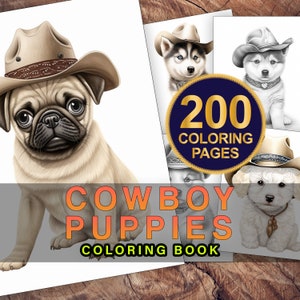 Cowboy Dogs Coloring Book, Adults + Kids, Instant Download, Grayscale Coloring Pages, Printable PDF, Dogs Coloring Book, Adult Coloring Book
