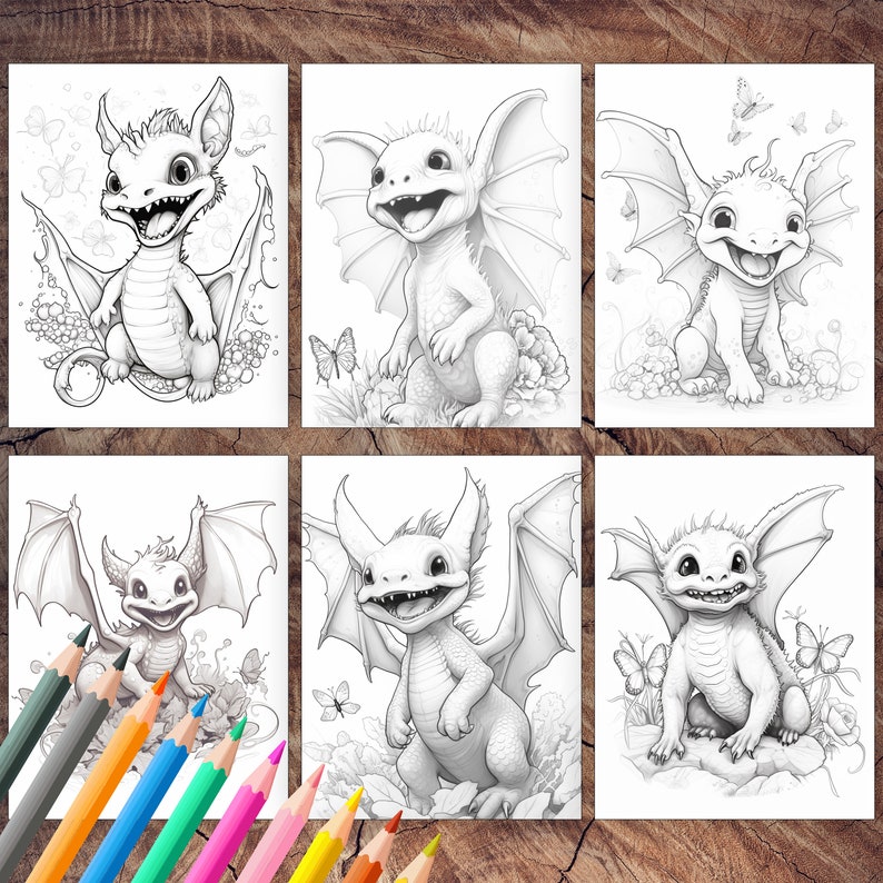 Baby Dragon Coloring Page Book Dragons Chasing Butterflies - Etsy