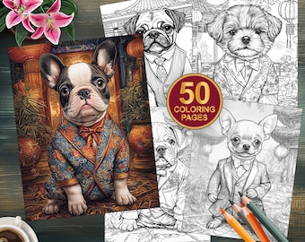50 páginas para colorear de cachorros bebés / Cachorros con trajes elegantes / Descarga digital divertida para niños / Arte de cachorros lindos / Páginas para colorear imprimibles