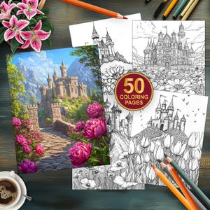 50 Floral Castles Coloring Page - Fantasy Art Digital Download - Printable PDF for Adults & Kids - Relaxing Coloring Experience - Flowers