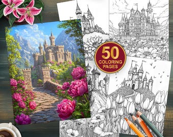 Página para colorear de 50 castillos florales - Descarga digital de arte fantástico - PDF imprimible para adultos y niños - Experiencia relajante para colorear - Flores