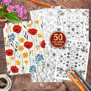 50 Folk Art Florals Coloring Book - Boho Folk Art Coloring Pages - Printable PDF Coloring Sheets - Easy Coloring for Adults Floral Design