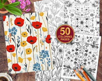50 Folk Art Florals Coloring Book - Boho Folk Art Coloring Pages - Printable PDF Coloring Sheets - Easy Coloring for Adults Floral Design