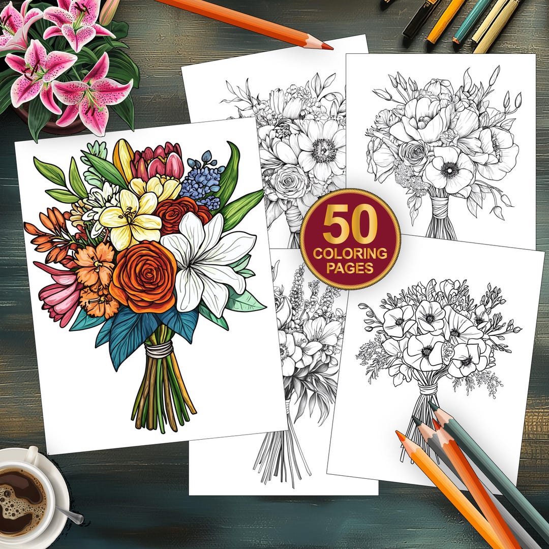 50 Wedding Bouquets Coloring Book | Unique Floral Patterns | Digital ...