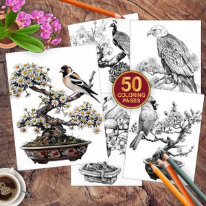 50 Bird Flowers Adult Coloring Book | Birds Coloring Book | Instant Download | Printable Pdf | Grayscale Coloring Page | Coloring Page Book