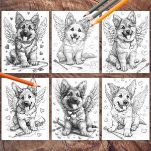 Fluffy German Shepherd Cupid holding heart coloring