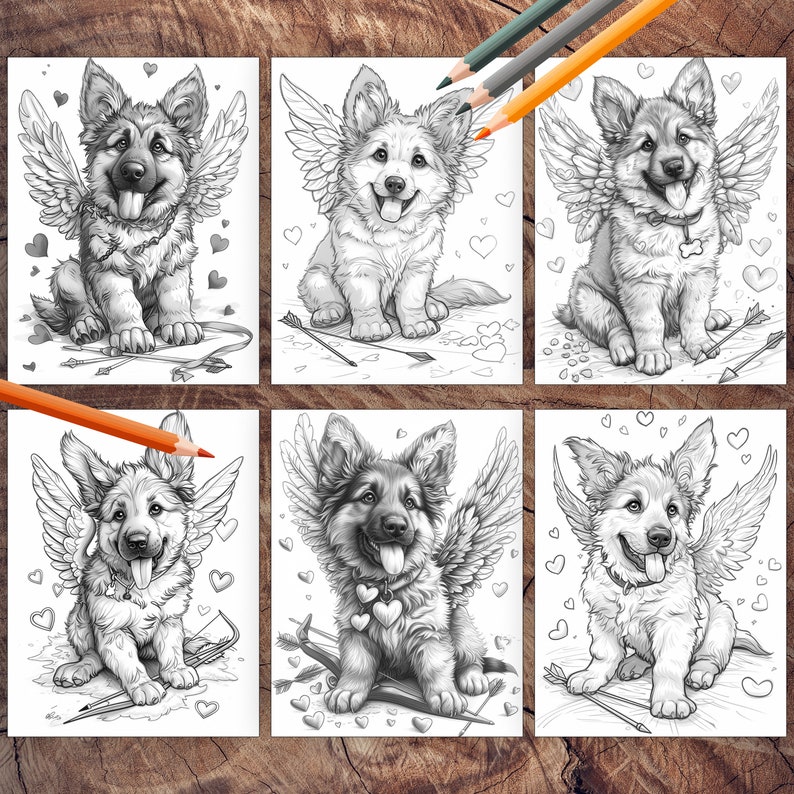 Fluffy German Shepherd Cupid holding heart coloring