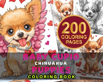 Dogs Coloring Book, Cupid Chihuahua Puppy, Grayscale Coloring Book, Adult and Kids Coloring Book, Instant Download PDF, Dog Coloring Pages