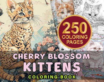 Cats Coloring Page Book, Cherry Blossoms Kittens, Grayscale Coloring Page, Printable PDF, Kitten Coloring Page, Adult + Kids Coloring Book