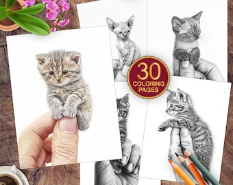 30 Micro Kittens Coloring Pages | Grayscale Coloring Book | Adult + Kids Coloring Book | Instant Download Printable PDF | Cat Coloring Book