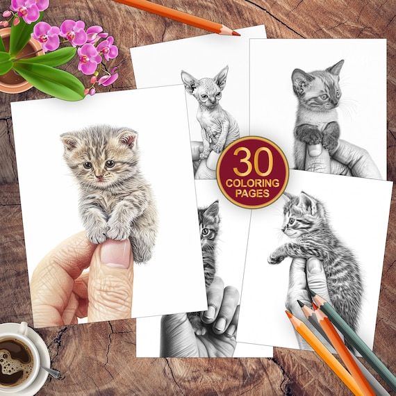 30 Micro Kittens Coloring Pages | Grayscale Coloring Book | Adult + Kids Coloring Book | Instant Download Printable PDF | Cat Coloring Book