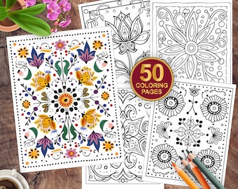50 Boho Flowers Coloring Page | Folk Florals Digital Coloring Pages | Boho Quilts Coloring Book | Boho Flower Coloring Sheets Adult Coloring