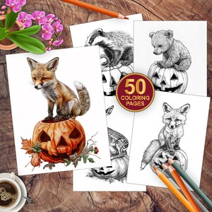 50 Woodland Animals Halloween Coloring Pages | Adults + Kids Instant Download Grayscale Coloring Book | Printable Little Forest Animals PDF