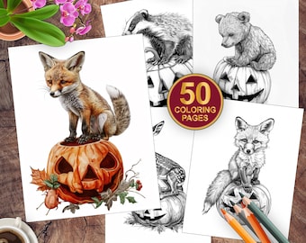 50 Woodland Animals Halloween Coloring Pages | Adults + Kids Instant Download Grayscale Coloring Book | Printable Little Forest Animals PDF