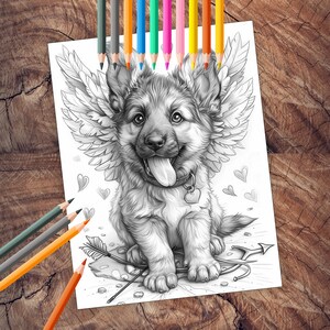 Sweet baby Cupid dog Valentine coloring sheet