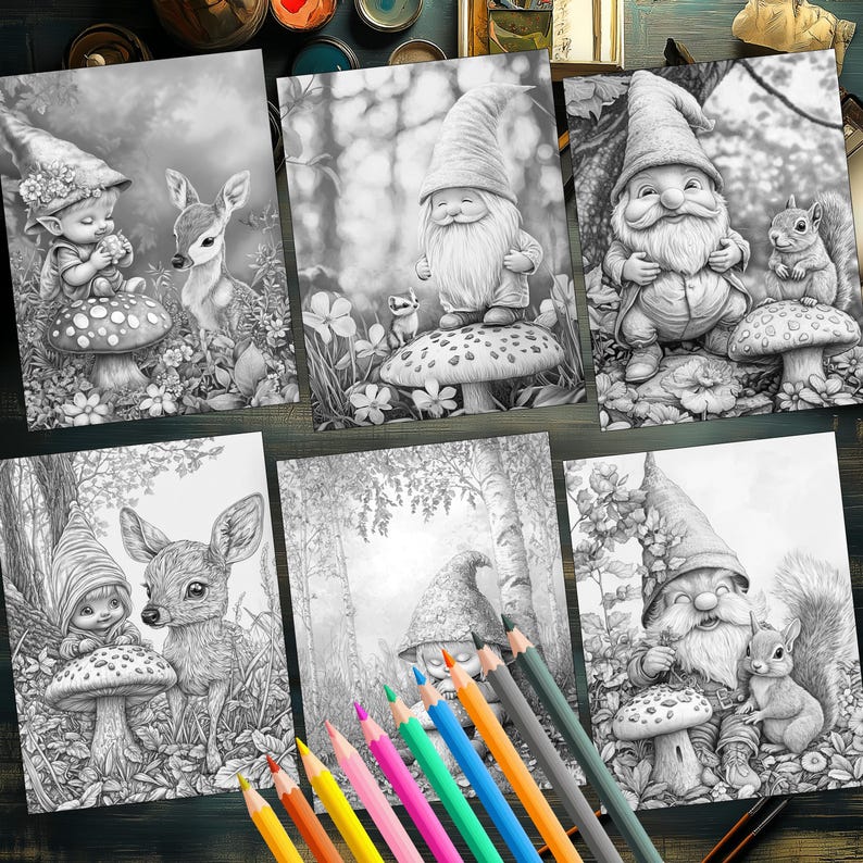 Adorable baby gnomes in fall coloring book