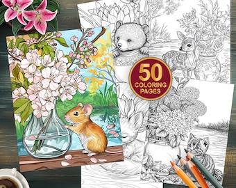 50 Forest Floral Animals Coloring Pages - Woodland Creatures - Relaxing Adult Coloring Book - Instant Download - Flower Vases Coloring Book
