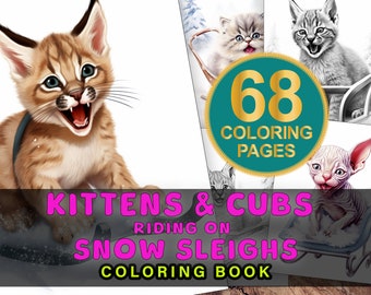 Christmas Cats Coloring Pages, Sleigh Rides, Adults + Kids- Instant Download - Grayscale Coloring Page, Printable PDF, Kitten Coloring Book