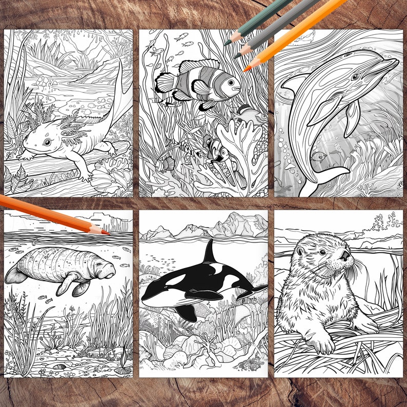 Cute ocean animals coloring book page